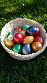 Ostereier im Korb von schräg oben